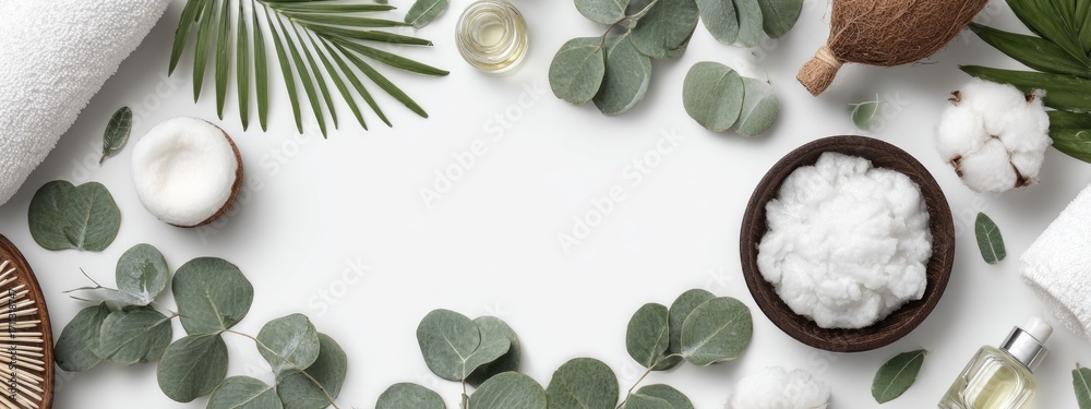 Fototapeta premium White background flat lay featuring spa elements like towels, oils, cotton balls, coconut, and eucalyptus leaves creating a serene composition