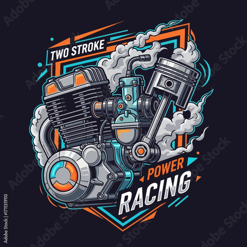 Illustration of a two-stroke engine with pistons, carburetor, and exhaust smoke, emphasizing power and racing.