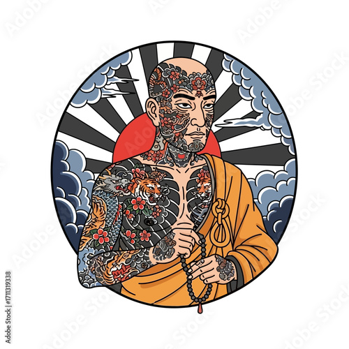 A heavily tattooed Buddhist monk in traditional robes, holding prayer beads, with a stylized sunburst and clouds in the background.