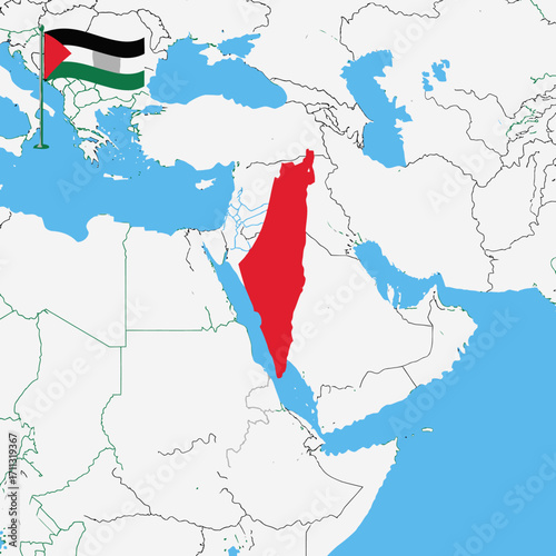 Map of Palestine with flag, Middle East region highlighted in red.