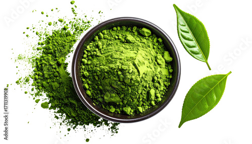 Green tea powder in a bowl with leaves