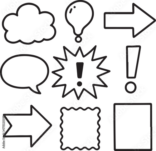 Essential graphic elements, icons, speech bubbles, thought clouds, arrows, frames, warning signs