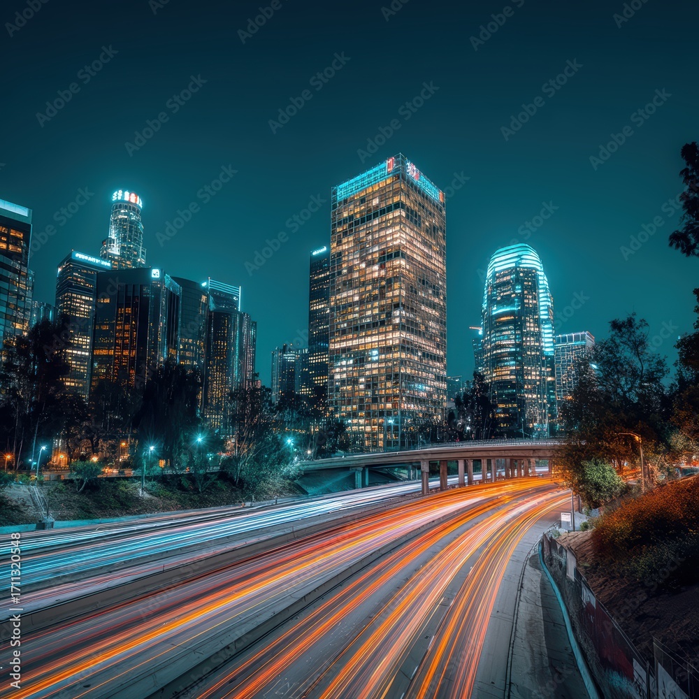 Fototapeta premium City skyline at night with illuminated skyscrapers and vibrant light trails from busy highway traffic