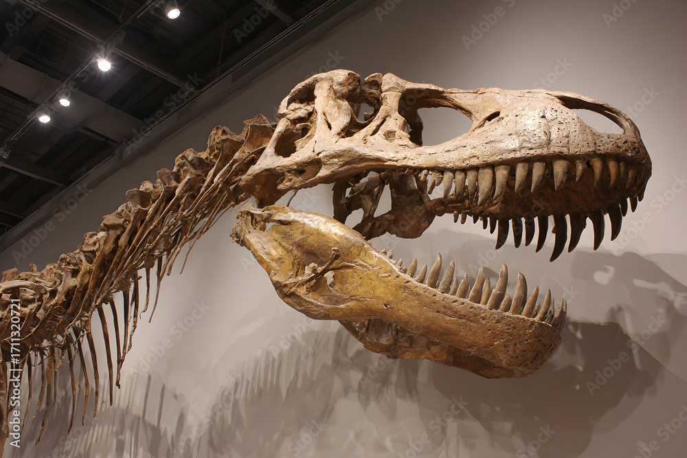 Fototapeta premium Dinosaur skeleton displayed in museum exhibit, showcasing ancient fossil with sharp teeth and bone structure against neutral wall, creating educational and aweinspiring atmosphere.