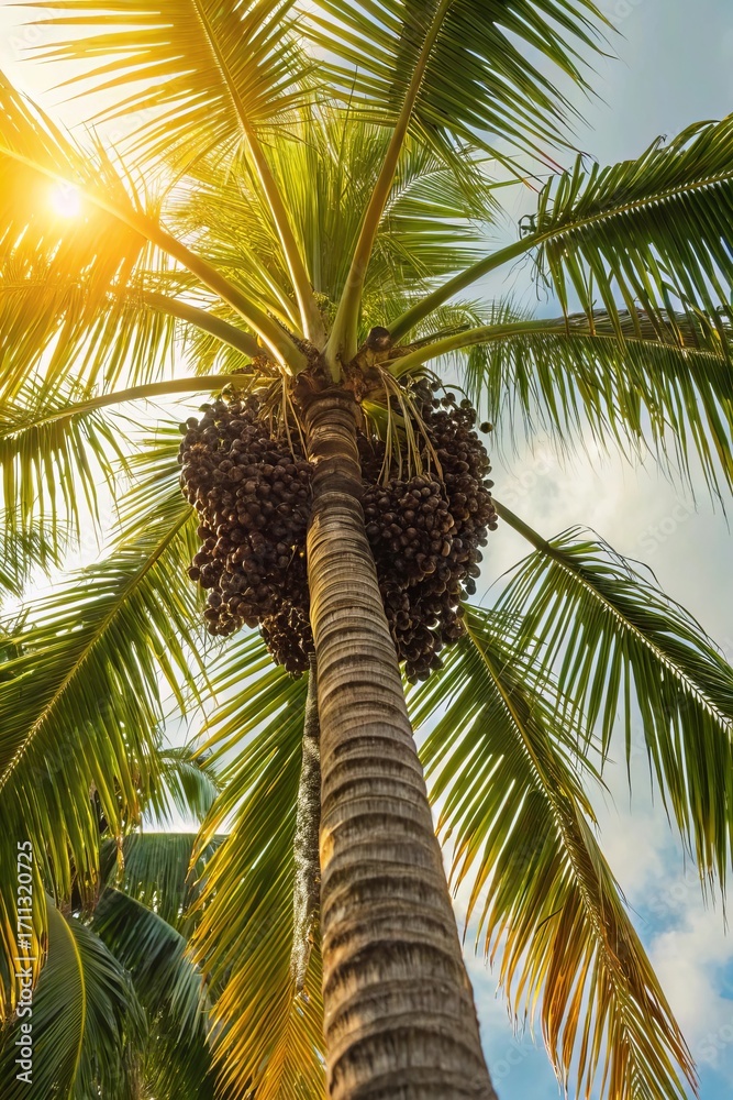 Obraz premium Clusters of ripe acai berries hanging from a tropical palm tree. Suitable for marketing or business purposes