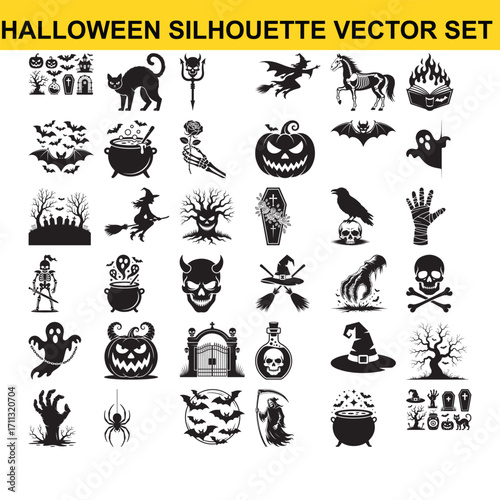 Spooky Halloween Silhouette Vector Icons:  Gothic, Monochrome,  Design Elements for Party Invitations and Decorations.