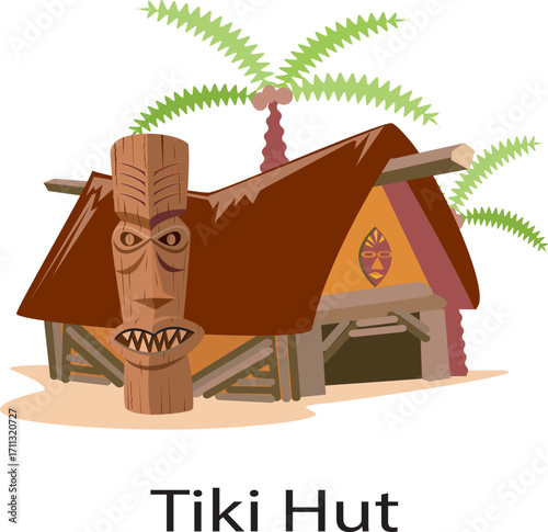 Tropical tiki hut with palm trees and carved wooden idol in a sunny island setting