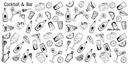 Hand drawn cocktail and bar elements pattern with bottles glasses citrus slices and cheese