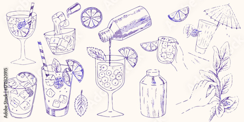 Hand drawn collection of refreshing summer cocktails and ingredients with a purple ink sketch style