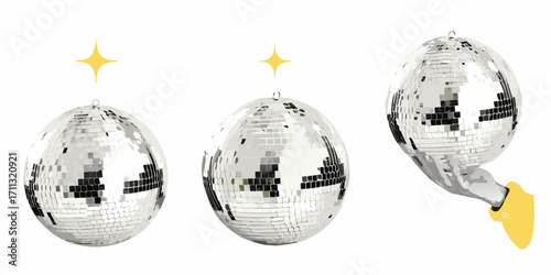 Three sparkling disco balls with yellow starbursts and one held by a yellow glove