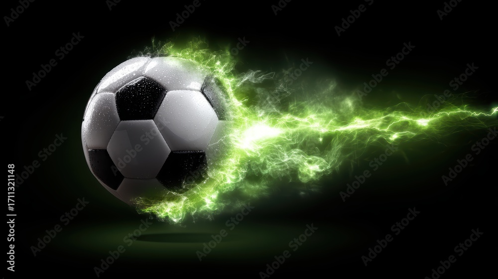 Fototapeta premium A dynamic soccer ball with green energy trails creates a sense of speed and action against a dark background