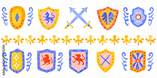 Collection of hand drawn medieval shields and swords with decorative elements