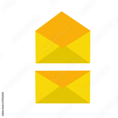 yellow envelope icons, open and closed. Symbol of email, message, communication, mail service, letter, inbox, and correspondence.