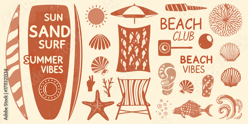 Retro summer beach vibes with sun sand surf text and beach elements