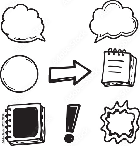 Hand Drawn Doodle Elements Set, Speech Bubbles, Arrow, Notebooks, Exclamation Mark