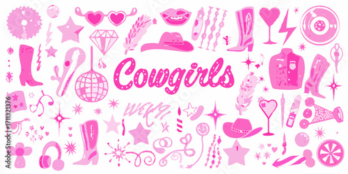 Pink cowgirl graphic elements collage featuring boots hats and stars