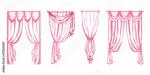 Collection of four hand drawn pink fabric drapes and curtains with different styles and folds