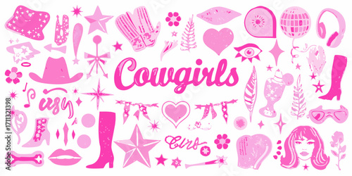 Collection of pink cowgirl themed illustrations with text and various western symbols