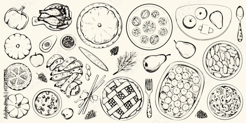 Overhead view of a delicious hand drawn food illustration featuring a variety of dishes and ingredients