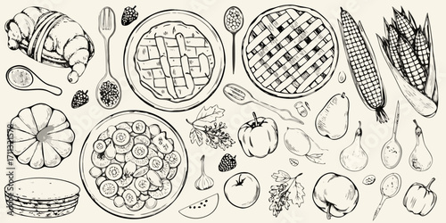Hand drawn sketch of autumn harvest food and baked goods arranged in a scattered pattern on a light background