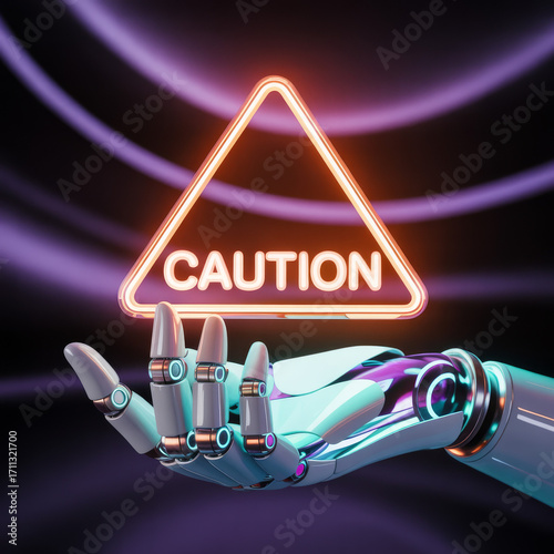 Futuristic robotic hand holding caution sign against a stylized dark background highlighting safety and artificial intelligence integration portraying a warning message
