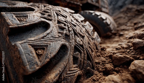 Close-up of a mud-caked, patterned tire tread