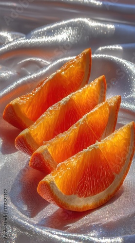 Four orange slices on a shimmering surface