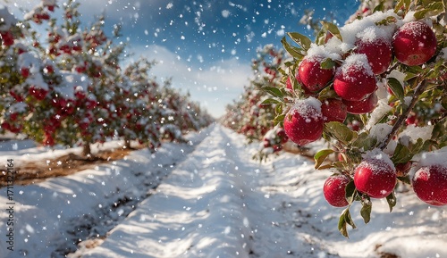 Apple orchard blanketed in snow