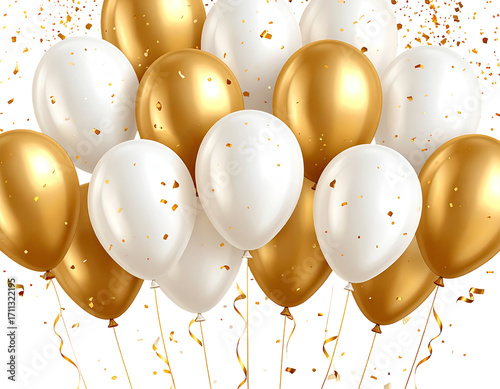 A cluster of gold and white balloons with golden confetti