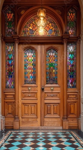 Ornate wooden door with stained glass panels