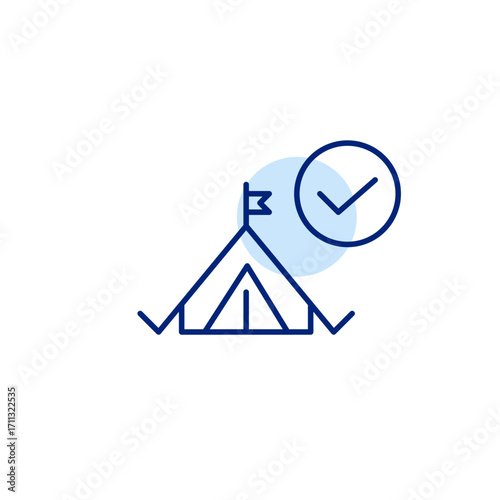 Camping tent and checkmark. Secure campsite, booking approved. Pixel perfect, editable stroke vector icon