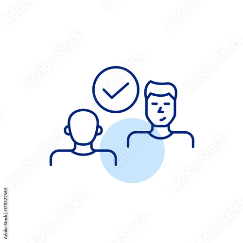 Two men and checkmark. Collaboration confirmed, trusted agreement. Secure discussion, interview or dating match. Pixel perfect, editable stroke vector icon