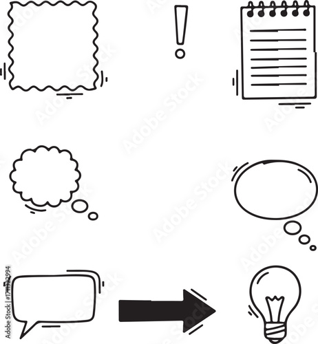 Hand Drawn Doodle Elements Set, Speech Bubbles, Notepad, Arrow, and Idea Light Bulb
