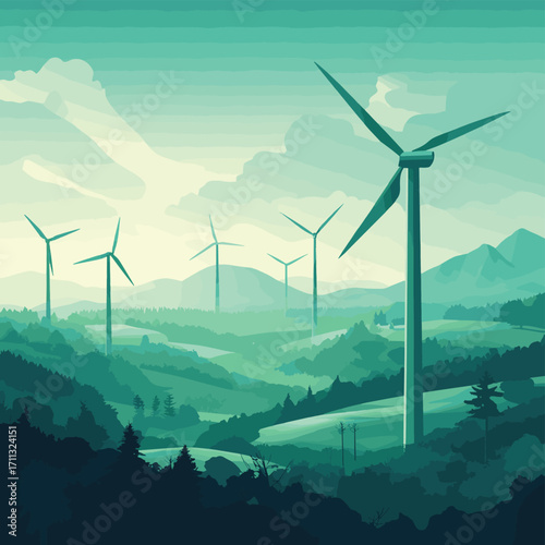 Modern wind farm in a green-lit environment, showcasing renewable energy solutions for a sustainable future with wind power. , vector style simple color