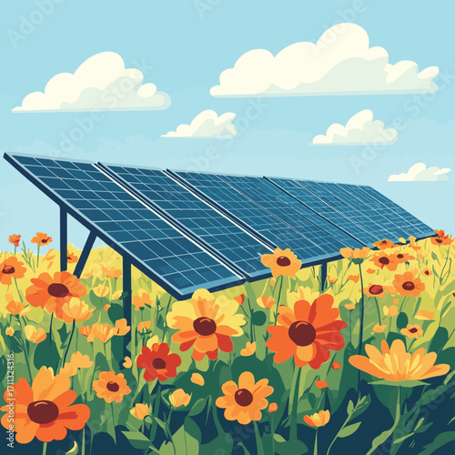 Solar panels stand on a spacious field among flowers. An alternative way to get energy. Green energy, eco friendliness. AI generation , vector style simple color