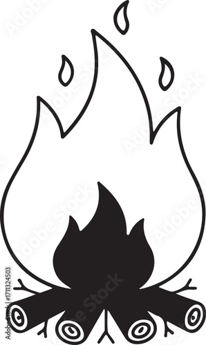 Simple black and white campfire illustration, burning logs, cozy outdoor activity, warmth, adventure