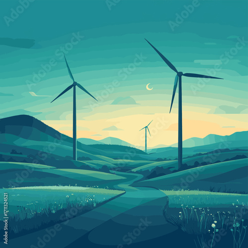 Modern wind farm in a green-lit environment, showcasing renewable energy solutions for a sustainable future with wind power. , vector style simple color