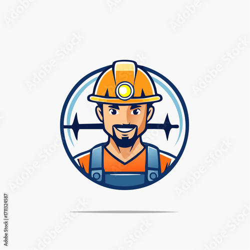 Mascot logo design of a cheerful male worker in a safety helmet, a vector illustration ideal for construction or electrical repair service companies