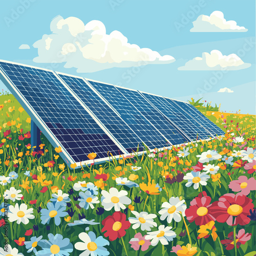 Solar panels stand on a spacious field among flowers. An alternative way to get energy. Green energy, eco friendliness. AI generation , vector style simple color