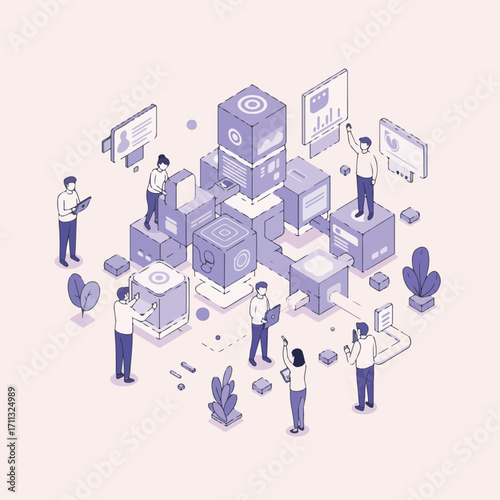 Vector Illustration of a Collaborative Team Building and Managing Digital Infrastructure Solutions