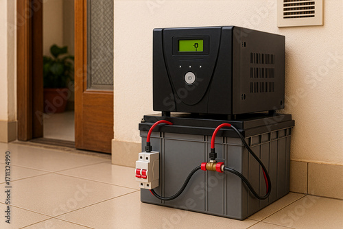 Home UPS and battery backup system in utility area — inverter on battery box with safety switch, neat cables