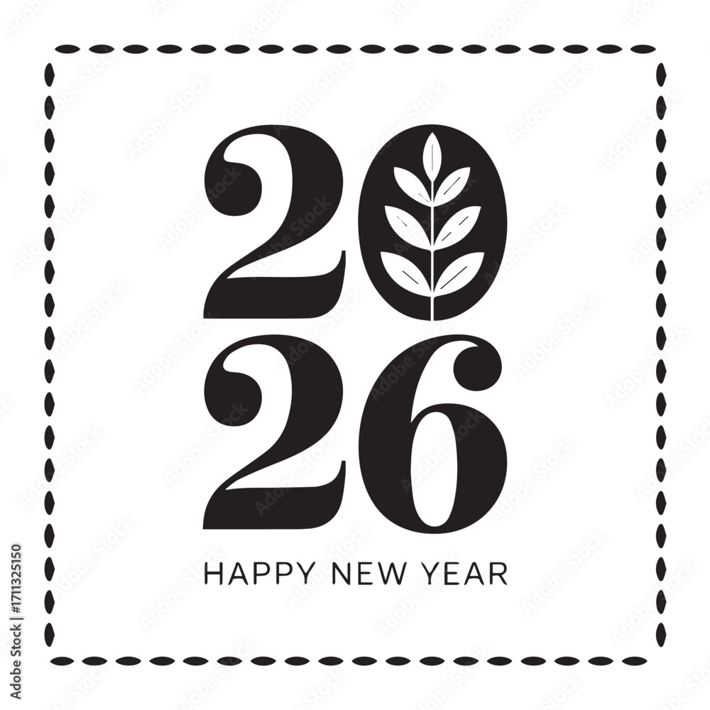 Obraz premium Happy New Year 2026 Typography with Gear Design in Modern Black and White Style