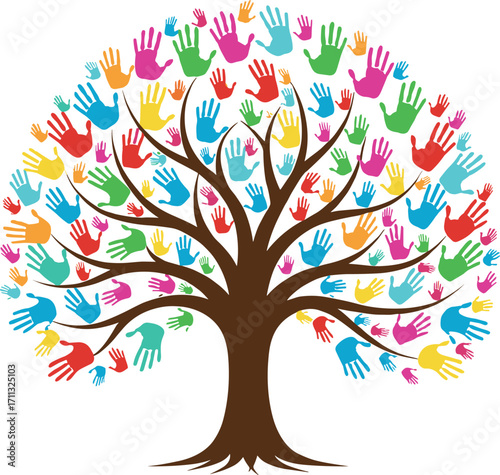 Colorful hand tree illustration symbolizing unity, teamwork, diversity, community support, family values, education, growth, abstract creative design vector