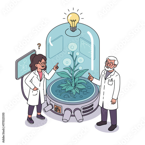 Vector Illustration: Expert Scientists Unlocking Plant Biotechnology for Sustainable Future Solutions