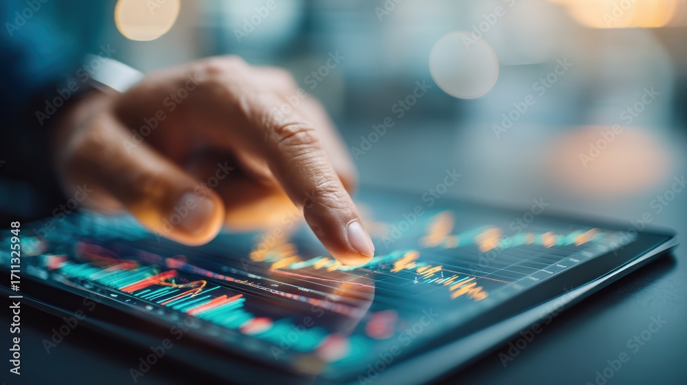 Fototapeta premium A person interacts with financial graphs and data analytics on a digital tablet, focusing on real-time trends and market analysis