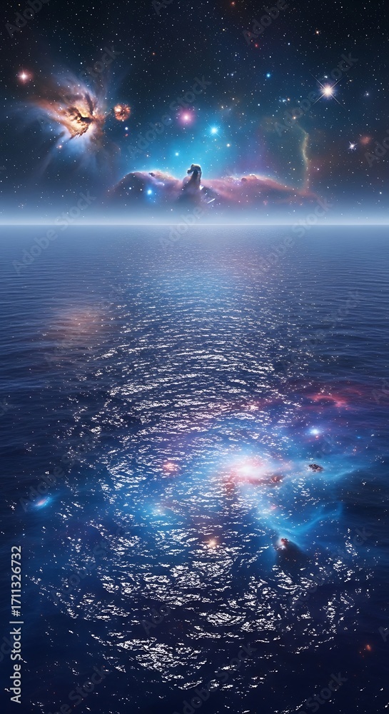 Obraz premium Cosmic aquatic reflection: A serene sea mirrors the celestial tapestry above creating ethereal beauty