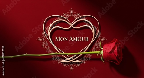 Elegant heart frame with a single red rose and 