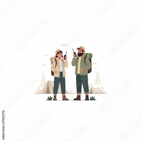 Two hikers with backpacks and walkie talkies in a campsite.
