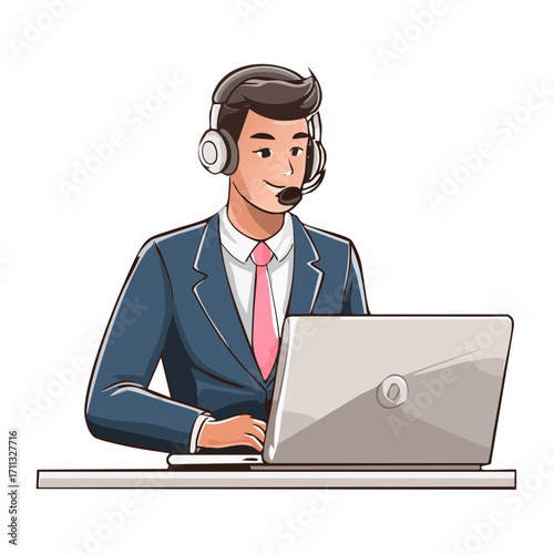 Operator wearing headset at computer cold calling to a potencial client. Cold calling, old school marketing, telemarketing sales concept. Pink coral blue vector isolated illustration