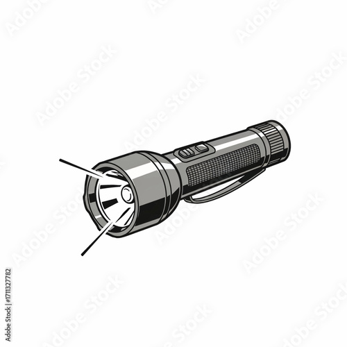 Illustration of a metallic flashlight with a textured handle and a strap, emitting light.